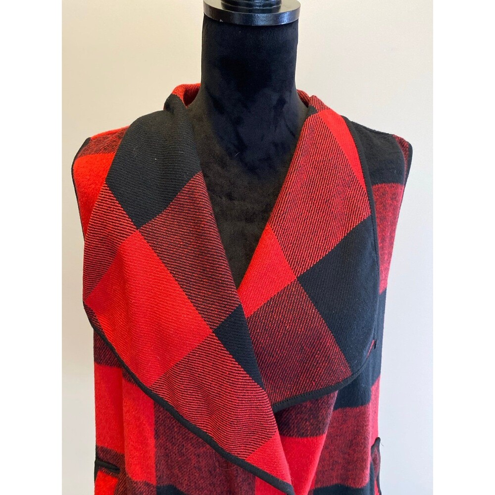 Buffalo Plaid Red Black Womens Open Front Vest w/  Pockets Winter Layering Vaca